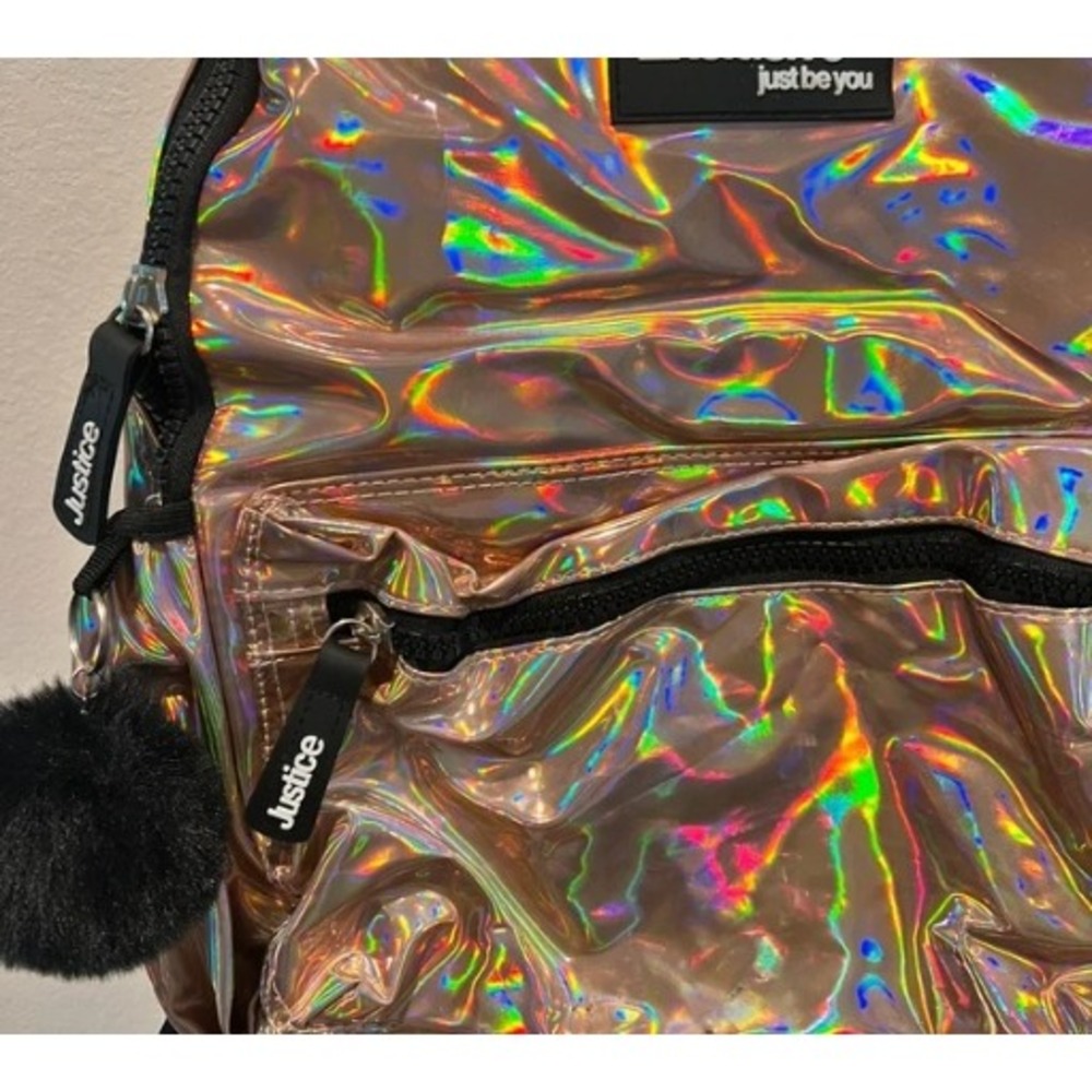 Justice Backpack Holographic Mini Bag Rose Gold Iridescent Don't Touch It OS - Picture 4 of 5